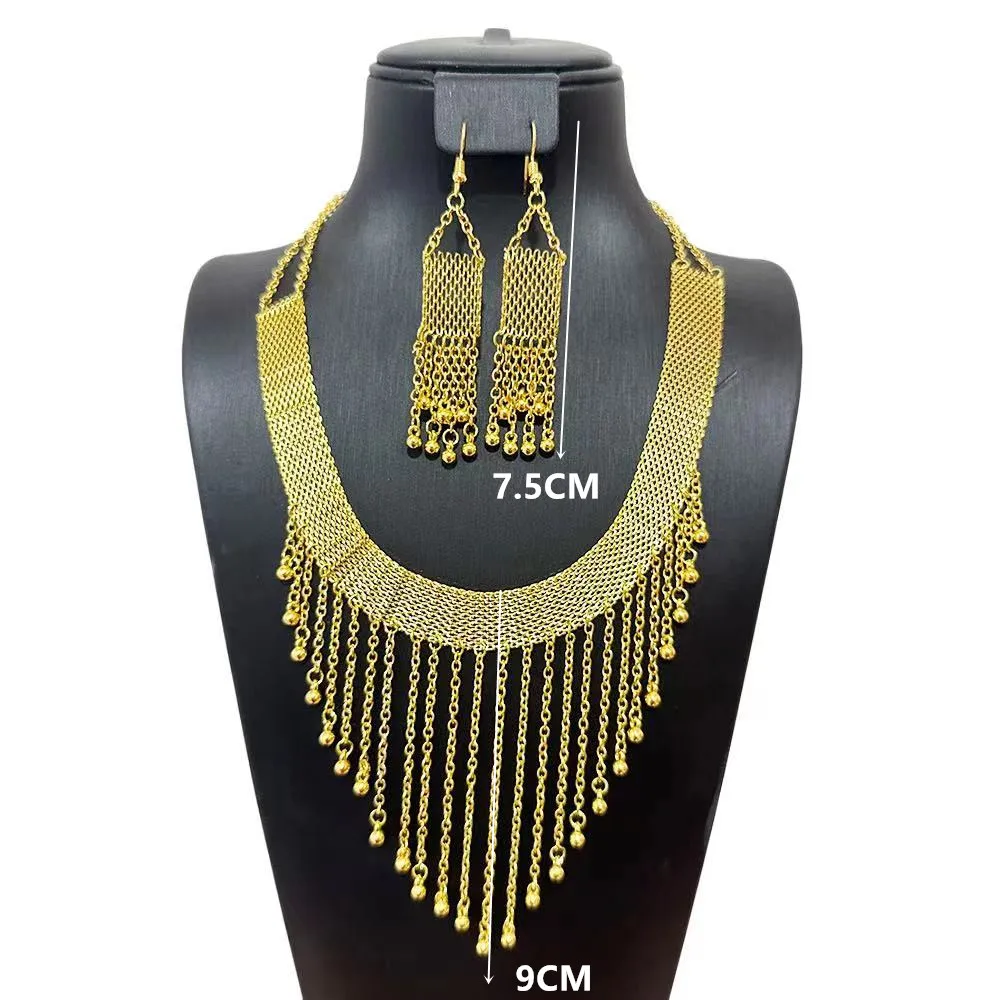 Dubai Gold color Metal Necklace Earrings Set Luxury Tassel Pendant Design Bridal Jewelry Set Free Shipping
