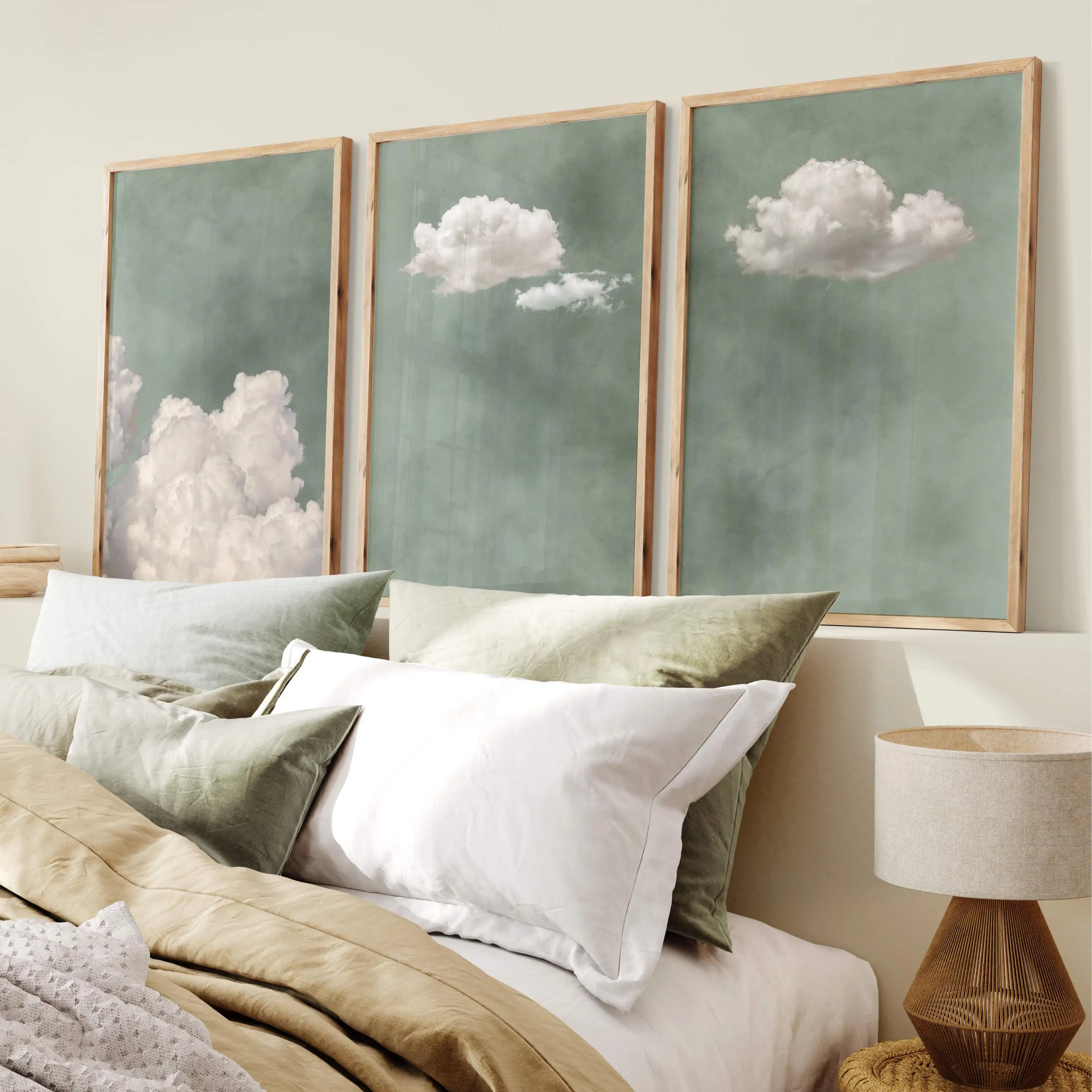 Sage Green Cloud Wall Art Set of 3 Prints Minimalist Art Living Room Decor Moody Sky Wall Art Pastel Room Decor Above Bed Decor