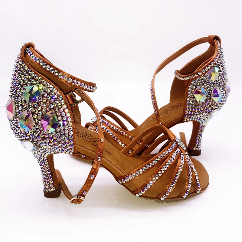 Latin Dance Shoes Full Rhinestone Girls Latin Dance Shoes Soft Bottom Adult SALSA Diamond Salsa Latin Ballroom Shoes