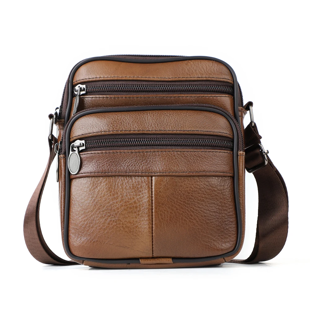 

Leather men's multi-layer cowhide shoulder bag with multiple zippers and large capacity crossbody bag