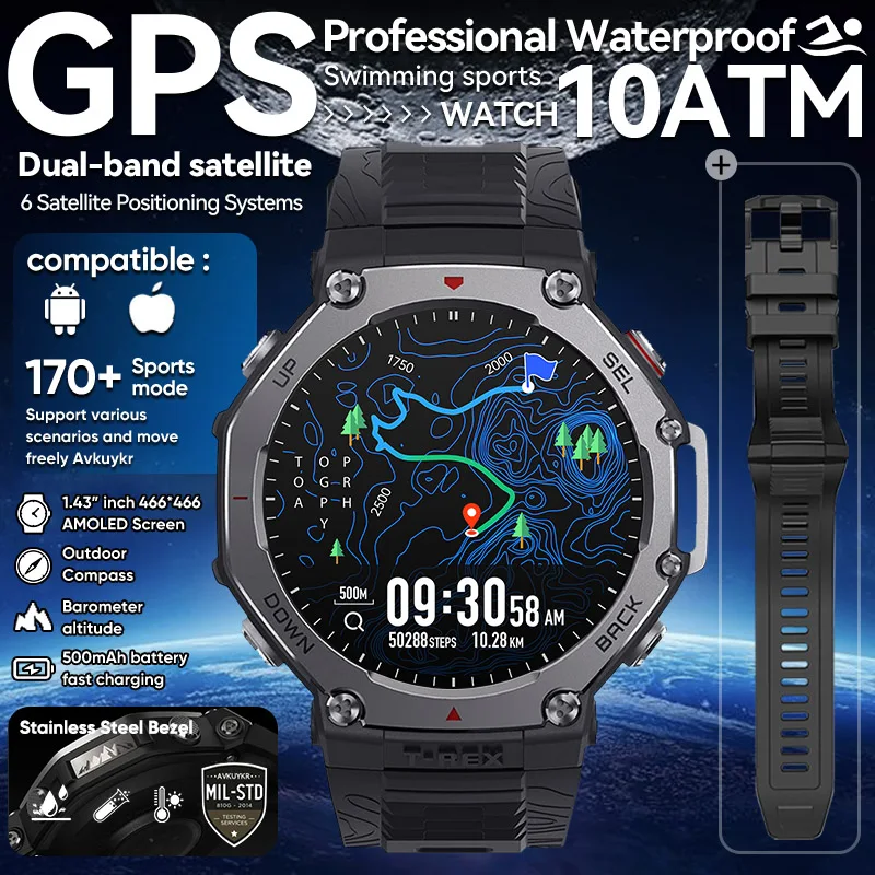 

Новые смарт-часы T-Rex 3, военные спортивные часы на открытом воздухе, двухдиапазонные GPS, 5 атм, водонепроницаемые, пульсометр, компас, Bluetooth, умные часы для мужчин