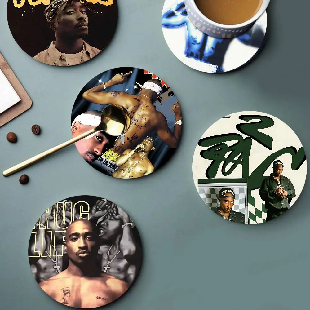 Hall of Fame rapper T-Tupac 2-2pac pattern art painted wooden anti-slip coasters, suitable for decoration of living room