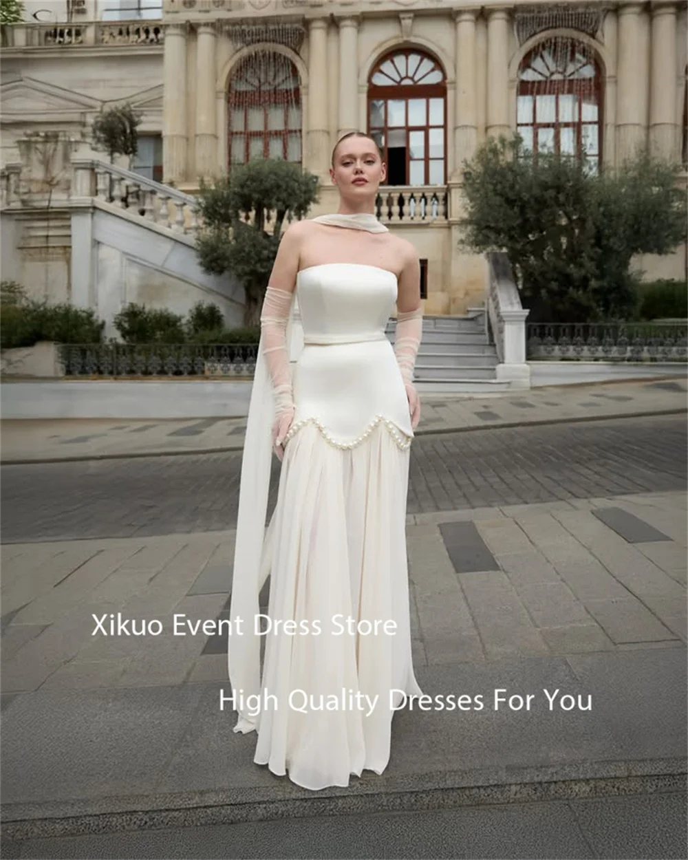 Xikuo Gaun Malam Merah Muda Dipangkas Mutiara Gaun Dansa Pesta Pita Tipis Gaun Prom Punggung Berenda A Line Tanpa Tali Disesuaikan