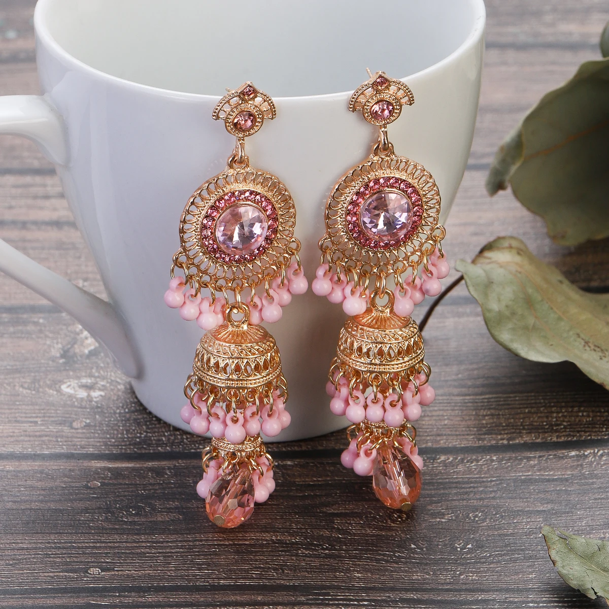 Vintage New Pink Crystal Round Drop Earrings for Women Luxury Gold Plated Multilayer Bell Tassel Earrings Jewelry Brincos 2024