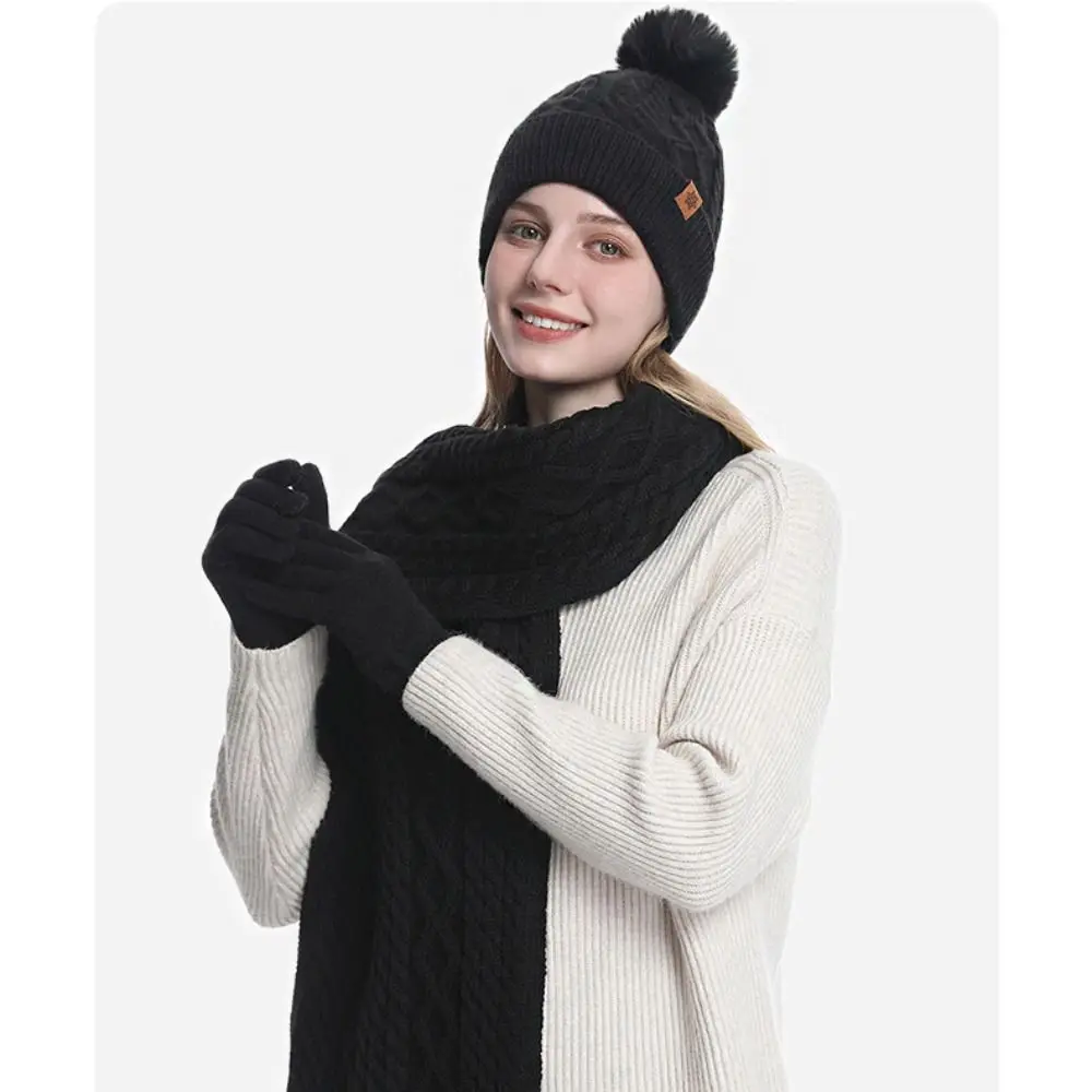 Neck Protector 3-Piece Set Hat Scarf Gloves Set Twist Solid Color Warm Knit Cap Thicken Wool Winter Beanie Hat Skiing