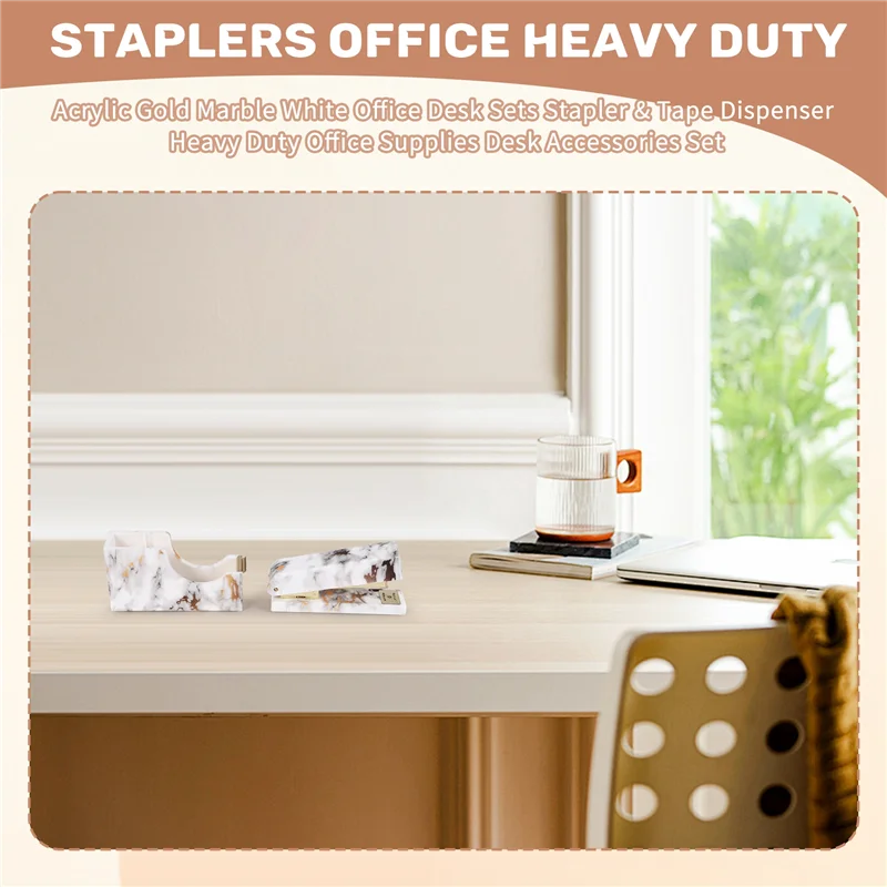 

Acrylic Gold Marble White Office Desk Sets Stapler & Tape Dispenser Heavy Duty Office Supplies Desk Accessories Set