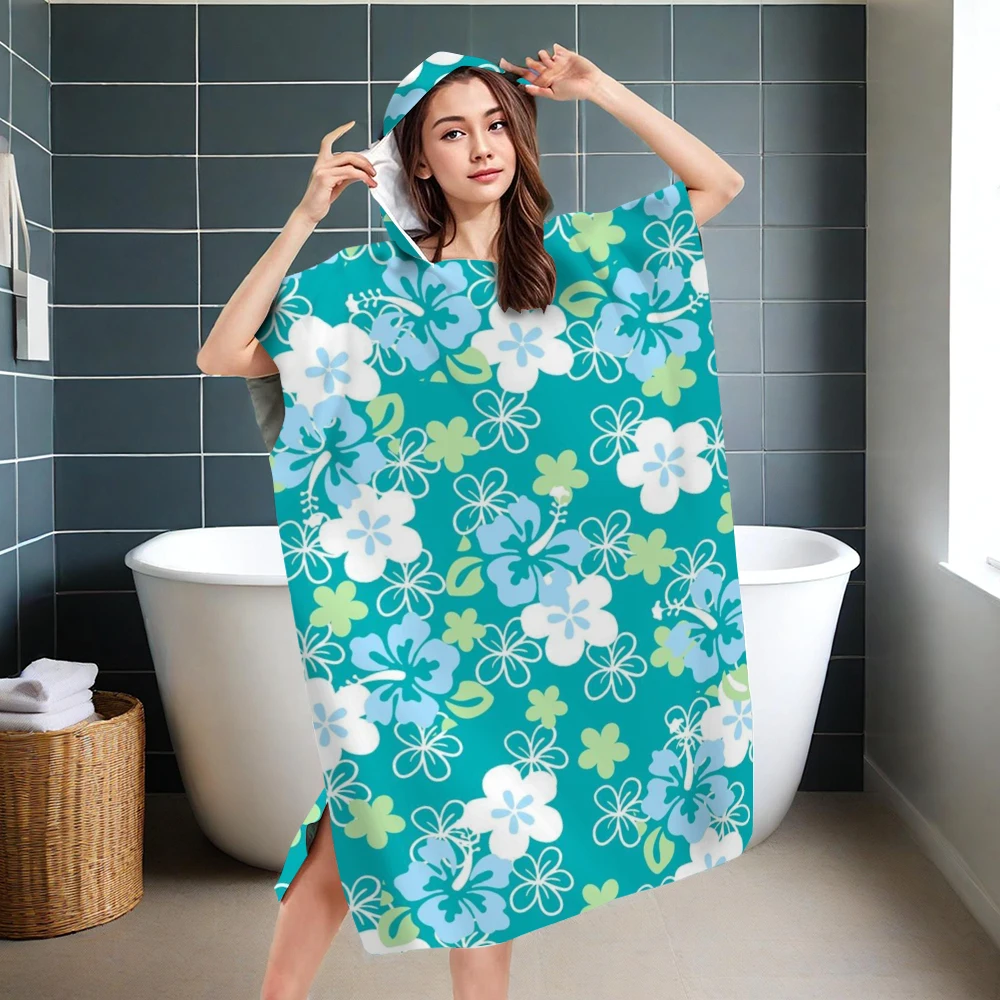 Hawaiian Hibiscus Floral Hooded Beach Towel, Microfiber Quick Dry Bath Robe, Tropical Print Surf Poncho for Adults