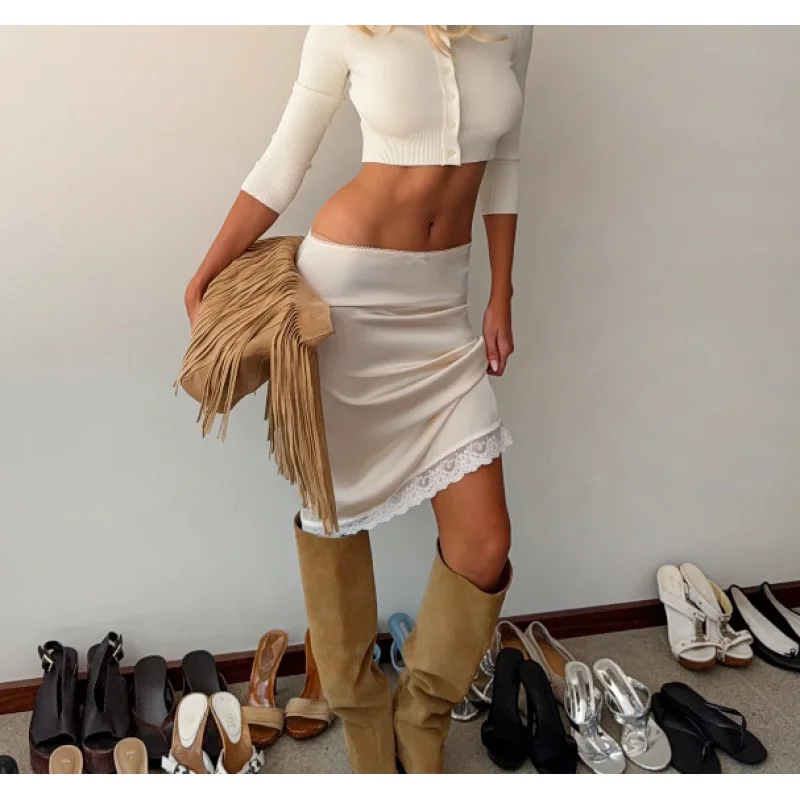 Fashion elegant sexy skirt, lace decoration, solid color advanced, temperament celebrity style, slim sexy hip skirt, new 2026.