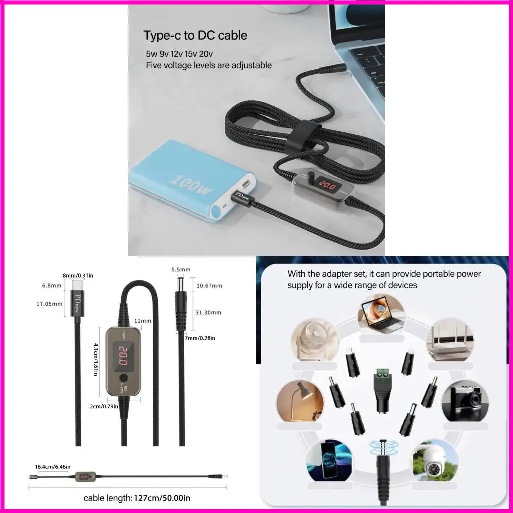 

Регулируемые напряжения USB C к DC5521 Зарядка кабеля PD100W с 8 конверсионными головками для маршрутизаторов для ноутбуков и