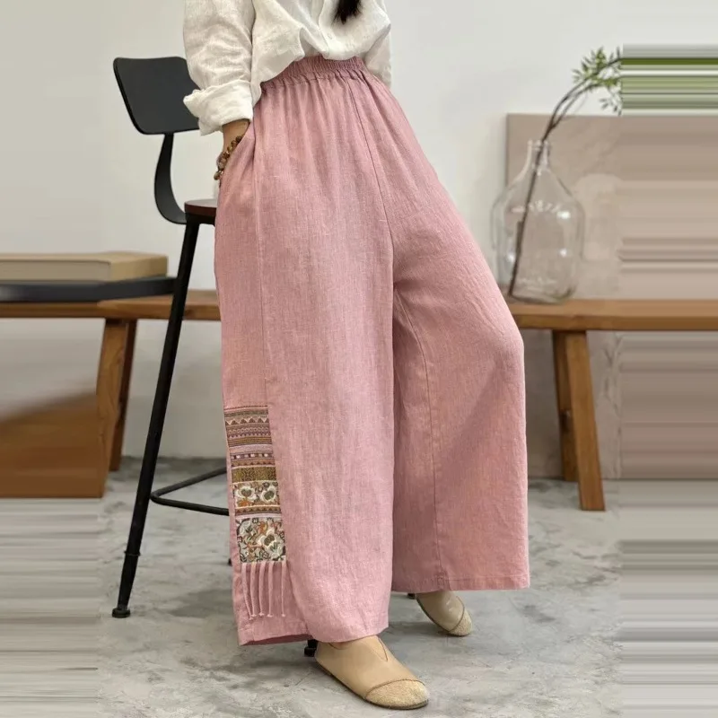 Summer new niche large size dad pants, artistic linen breathable retro new nine point wide leg pants for women