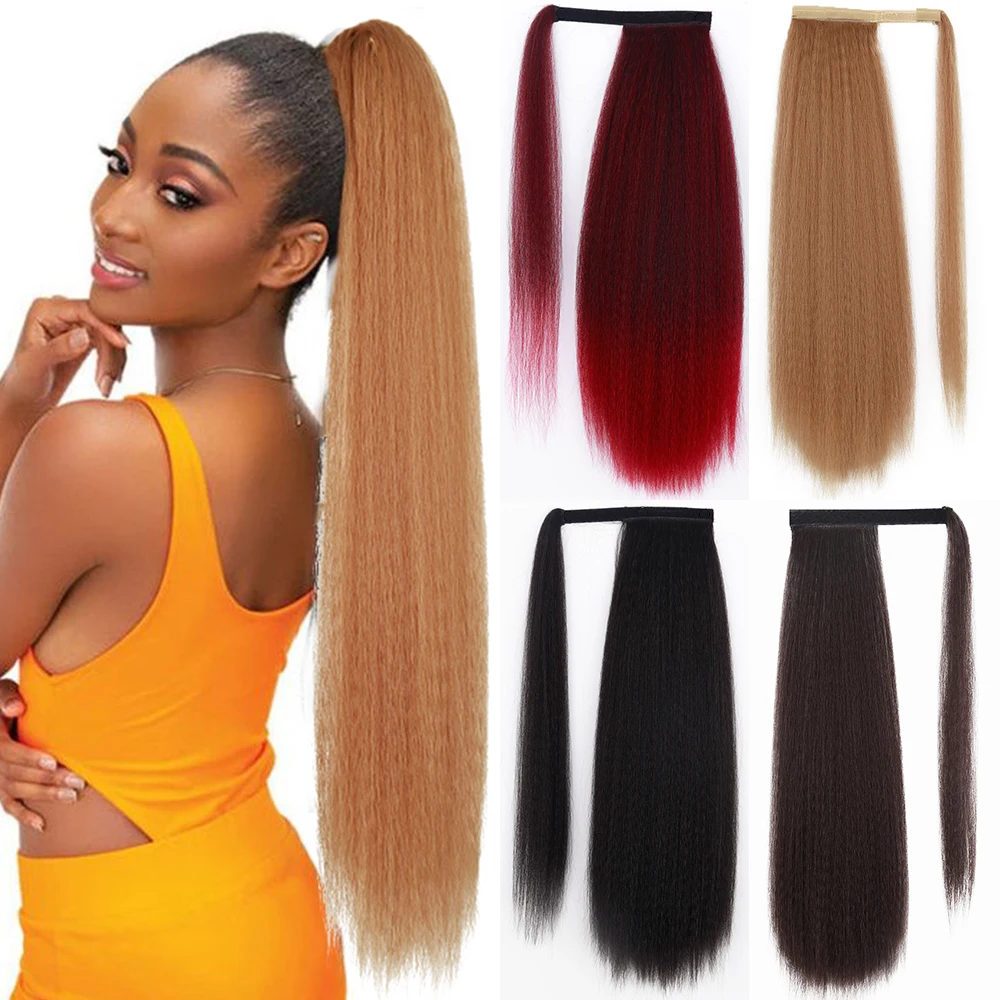 Synthetic Kinky Straight Ponytail Hair Pieces Natural Blonde Brown Wrap Around Ponytail Clip In Hair Extensions For Black Women