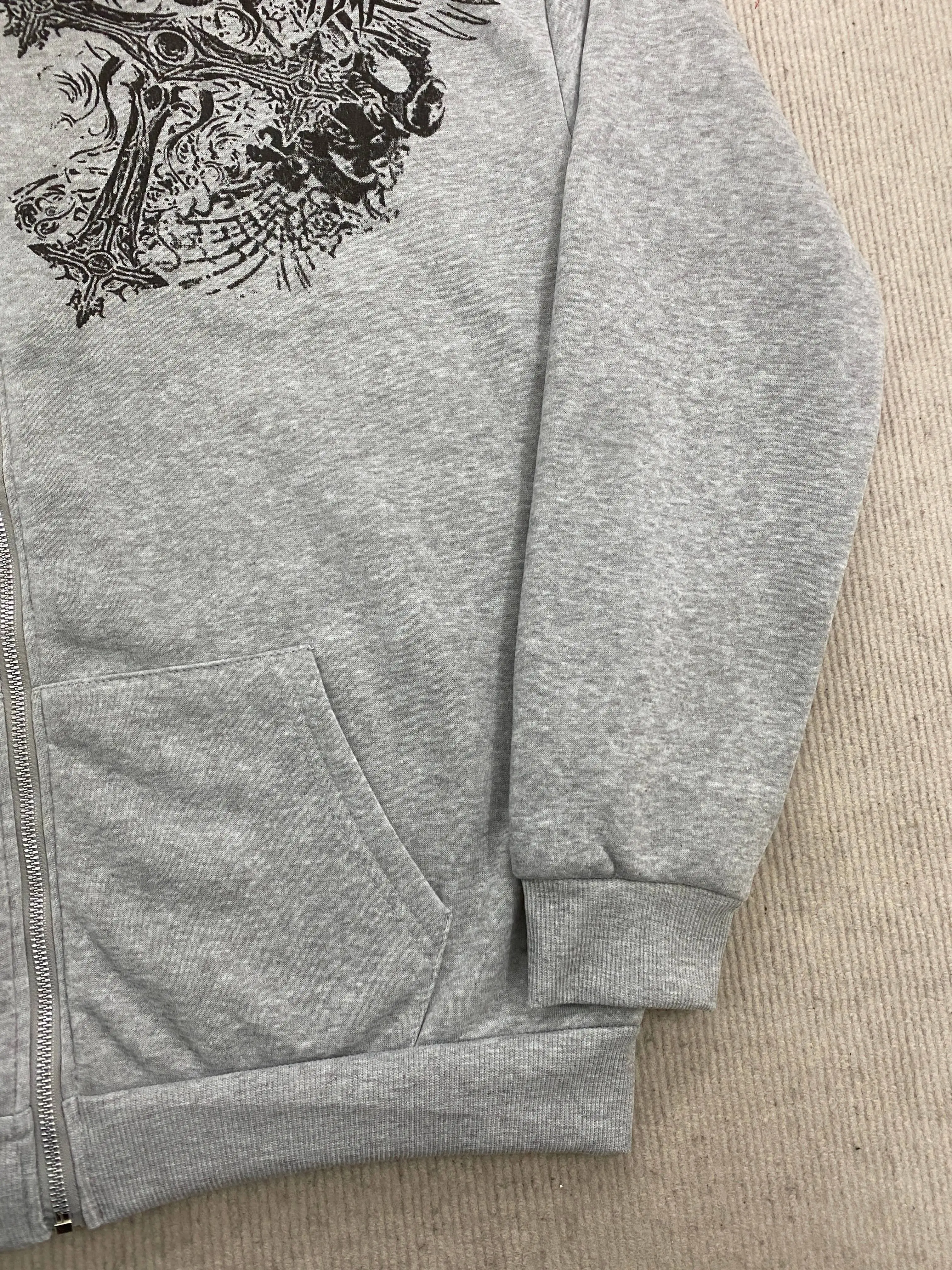 Kapuzenpullover mit Kunstfellkragen und Reißverschluss, Totenkopf-Kreuz-Print, Retro-Oversized-Gothic-Streetwear, Punk-Langarmjacke – Detail 8