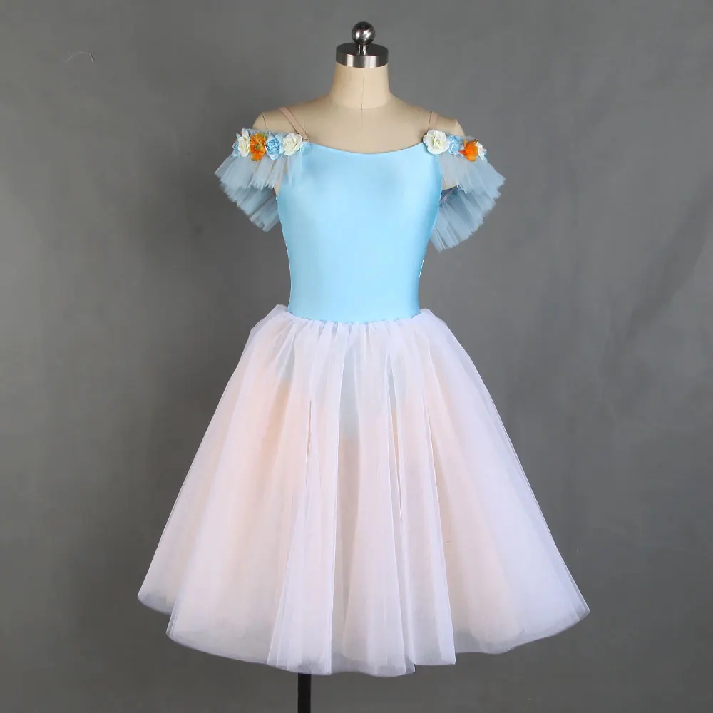 

21079 Off Shoulder Sky Blue Spandex Leotard Dress Long Romantic Ballet Tutu Girls Women Dance Costume Dancing Dresses