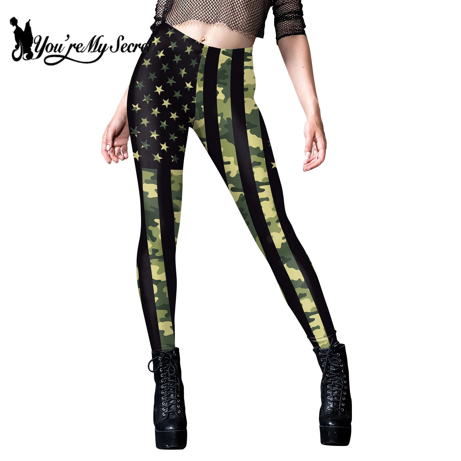 [You\'re My Secret] Women Pants Gym Camouflage flag Stripes Printed Stretchy High Waist Athletic Exercise Fitness Leggings