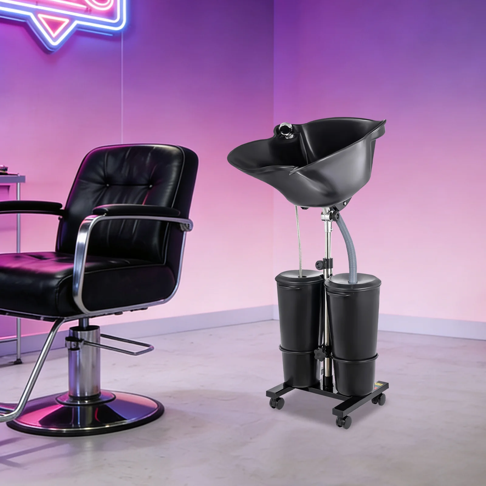 Bymaocar Dual Bucket Large-sized Vertical Non Bending Hair Wash Basin Adjustable Height and Angle with Wheels for Salon Stylists