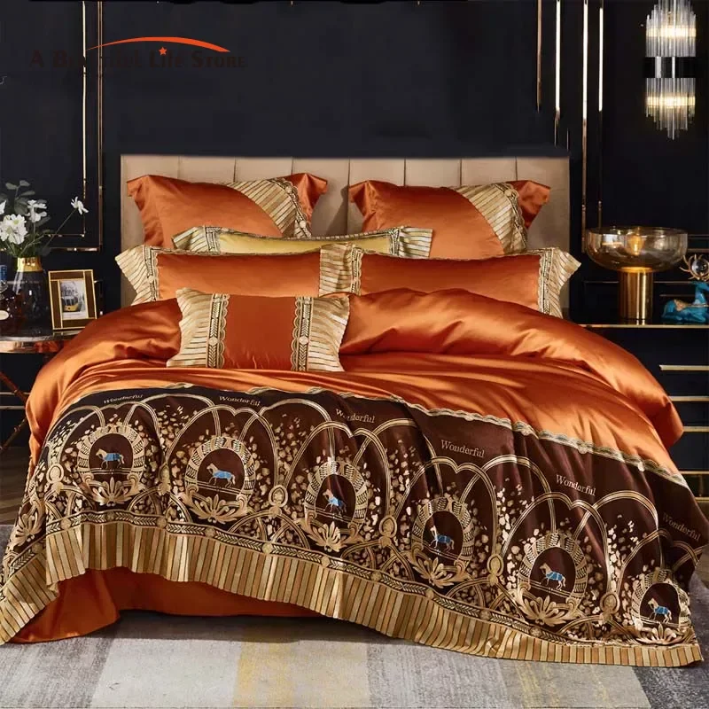 European Palace Bedding Set, Duvet Cover, Bed Sheet, Pillowcases, Orange, Silk Cotton, Gold Horse Lace Patchwork, Luxury, 1000TC