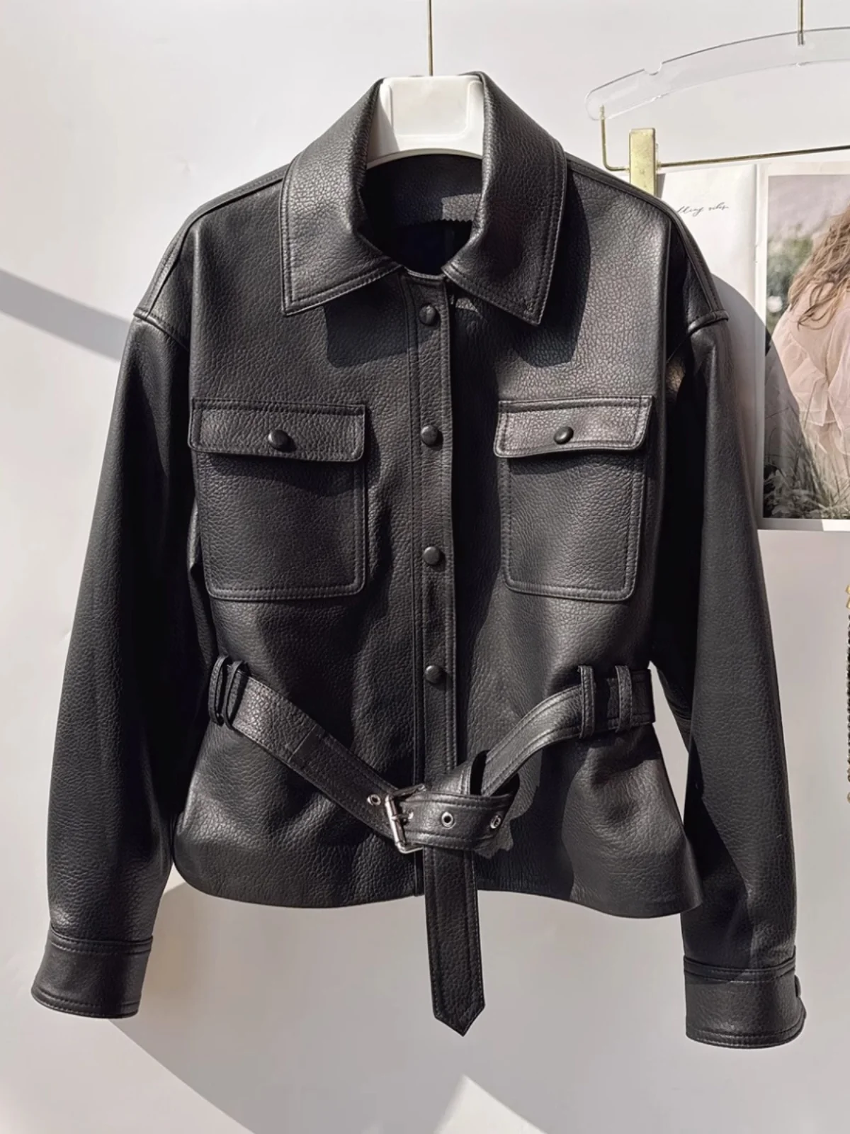 Haining Motorcycle Jaet Women's ort Bla PU Leather Coat Street Sle Loose Fit Long Sve  Collar Button up Coat