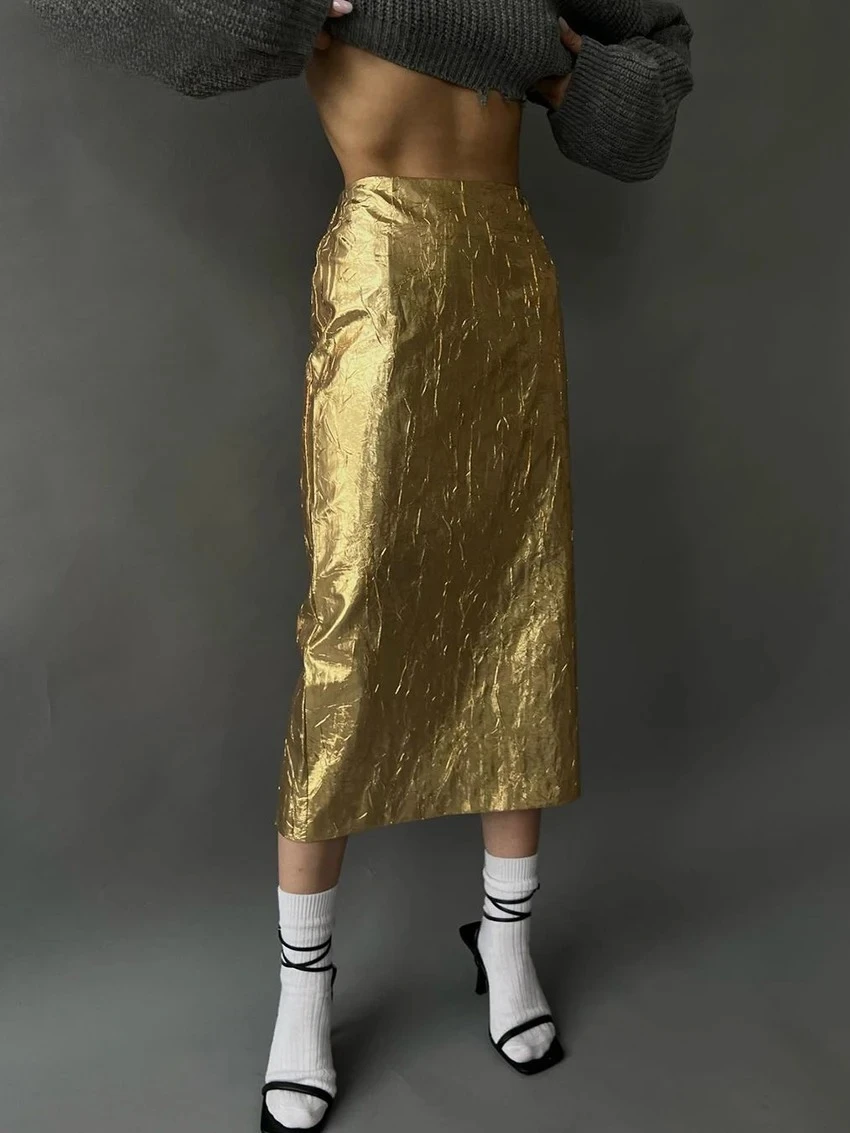 Fashion Slim Gold Women'S Skirt Elegant Chic High Waist Midi Skirts Streetwear Vintage Faldas Skirt Female Clothing