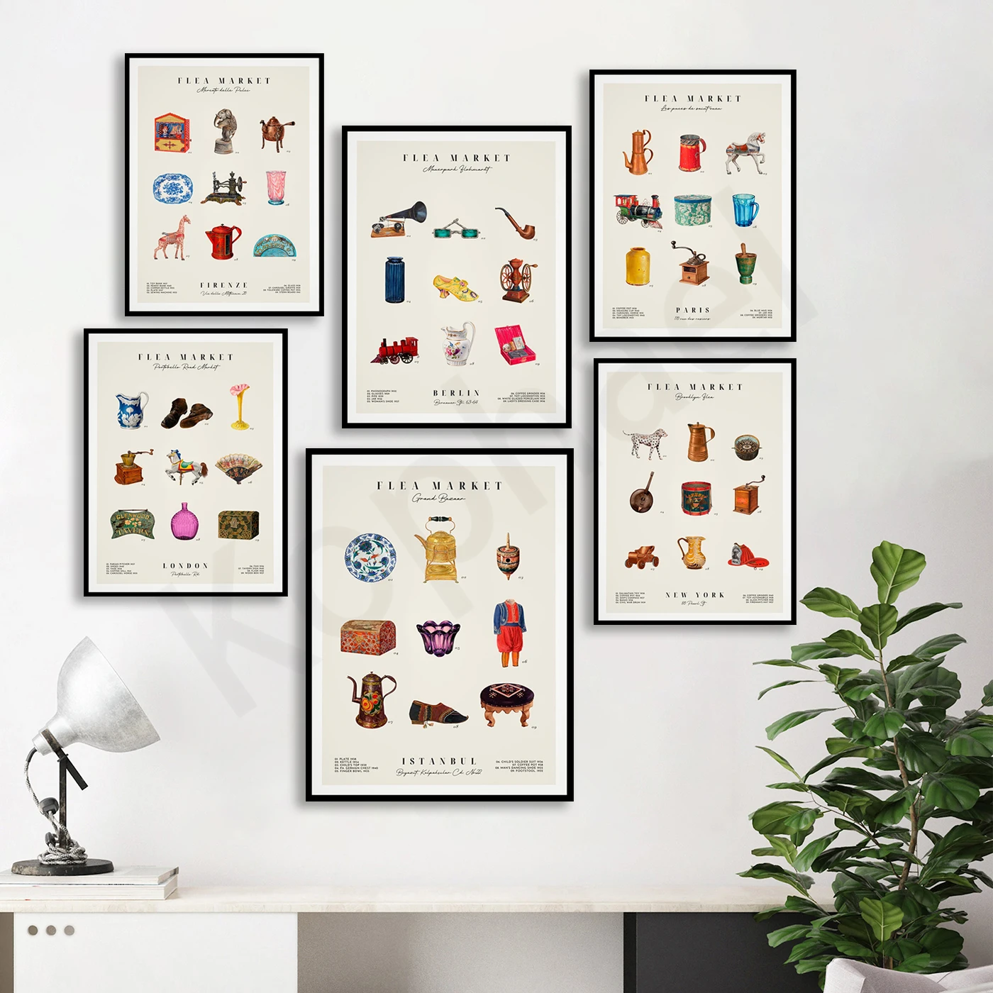 New York London Paris Florence Istanbul. Urban Vintage Flea Market Poster. Home Wall Decor