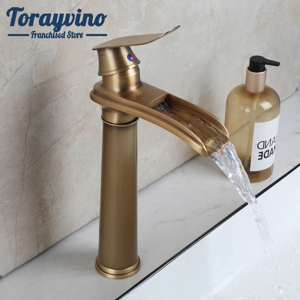 

Torayvino Bathroom Basin Faucet Antique Brass Deck Mounted Single Hnadle Waterfall Wash Vintage Style Sink Hot Cold Mixer Taps