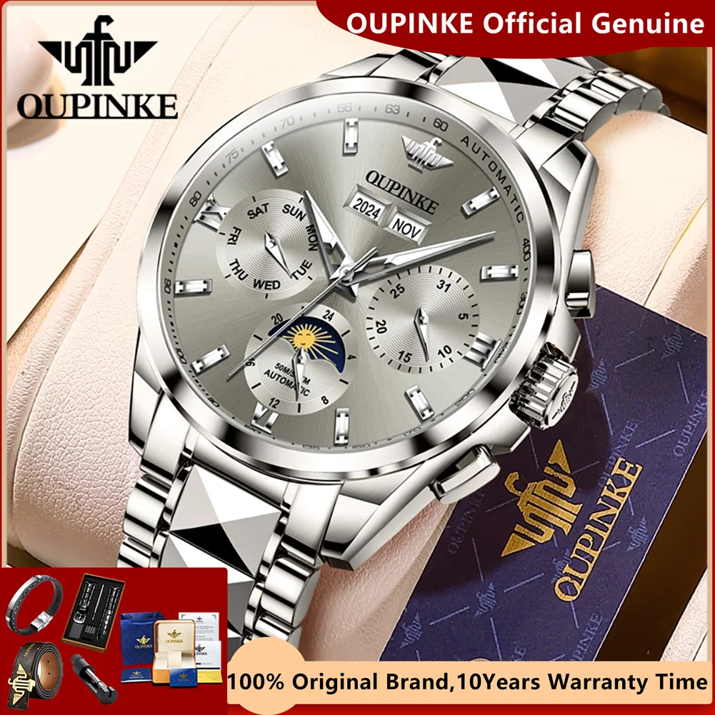 OUPINKE Official Genuine Man Watch Luxury Brand Tungsten Steel Strap 24 Hour Moon Phase Automatic Mechanical Men's Wrist Watches