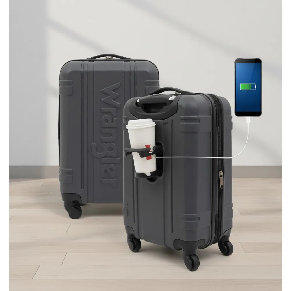 Bagagem de mão rígida de 22 polegadas com porta USB, 360 °   Rodas, porta-copos e telefone para viajantes de negócios e lazer