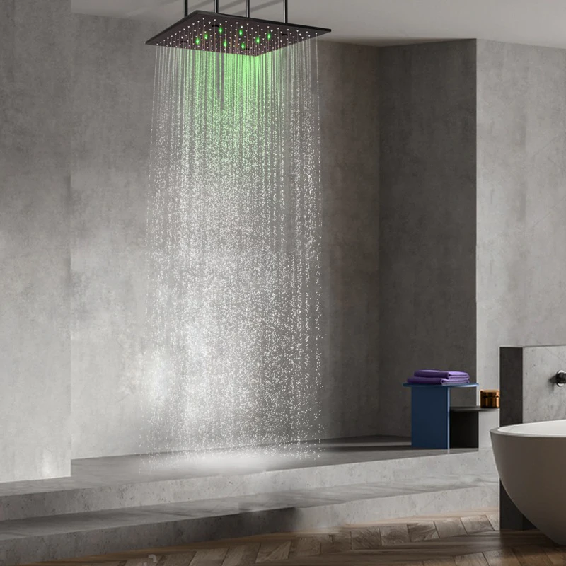 Matte Black 16X16 Inch Shower Head 2 Functions Rain/Atomization Stainless Steel Shower Sprayer Hydroelectric LED lights
