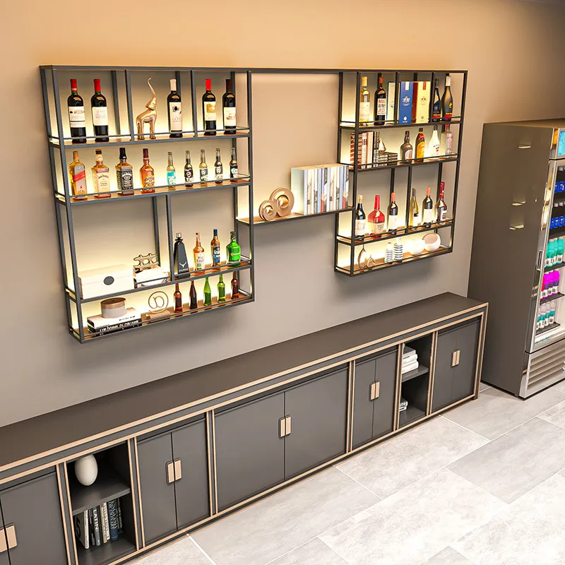 Bar wine rack Bar counter against the wall Wall-mounted wine cabinet Wrought iron wall rack Wine glass rack Restaurant display