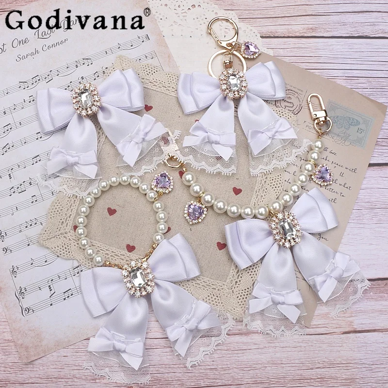 

Japanese Original Handmade Cute Rhinestone Lace Edge Bowknot Accessories Sweet Lady Bag Pendant