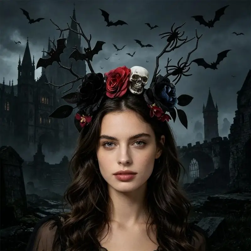 

39BB Halloween Flower Headband Cosplay Event Headwear with Skull Bat And Branch Design for Women Girl Dia Muertos Event