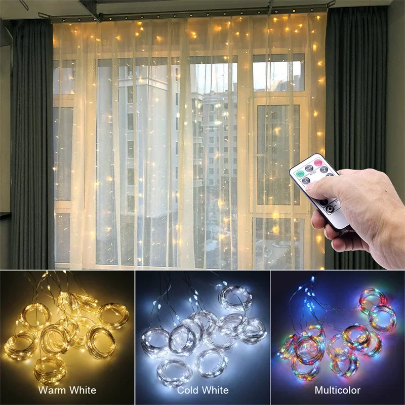 

8 Modes USB Plug LED Curtain String Lights with Remote Control for Indoor Holiday Bedroom Christmas New Year Wedding Decoration