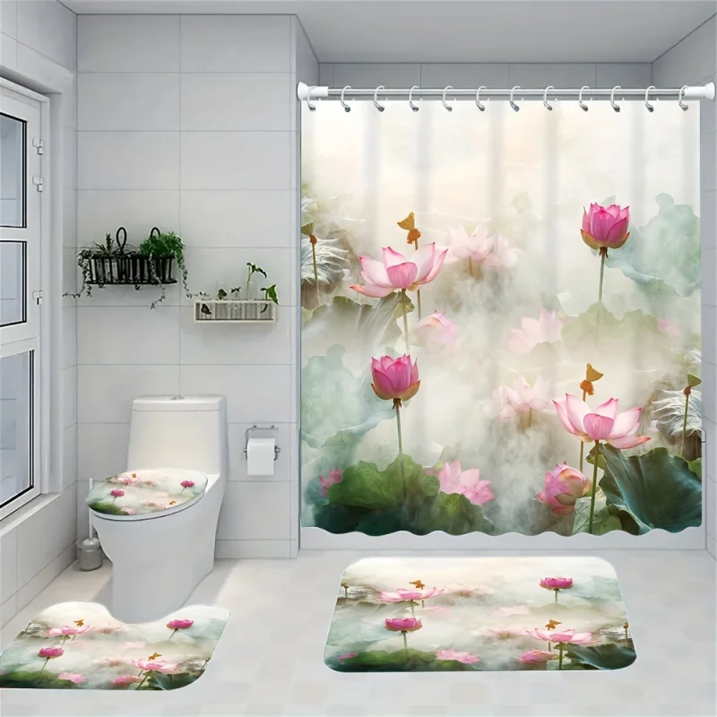 Lush Lotus Shower Curtain Set with 12 Free Hooks: Includes a Waterproof Curtain, Non-Slip Bath Mat, Toilet Seat Cover, and Bathr