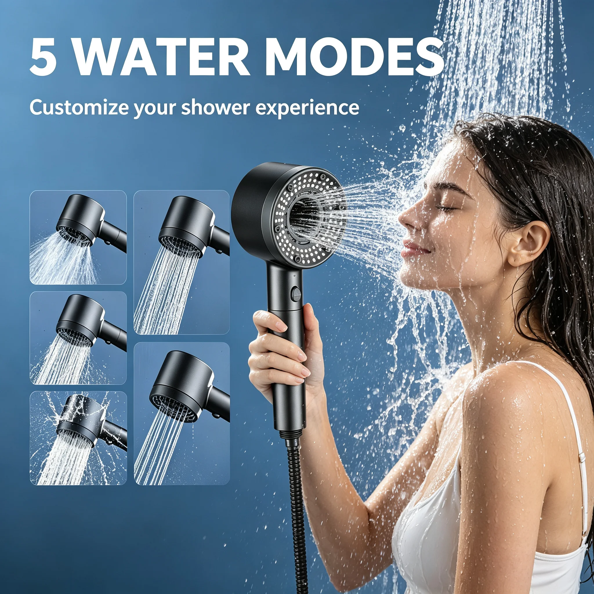 Matte Black High Pressure Handheld Shower Head - 5 Adjustable Water Modes Anti-Clog Nozzles Powerful Boost for Low Pressure