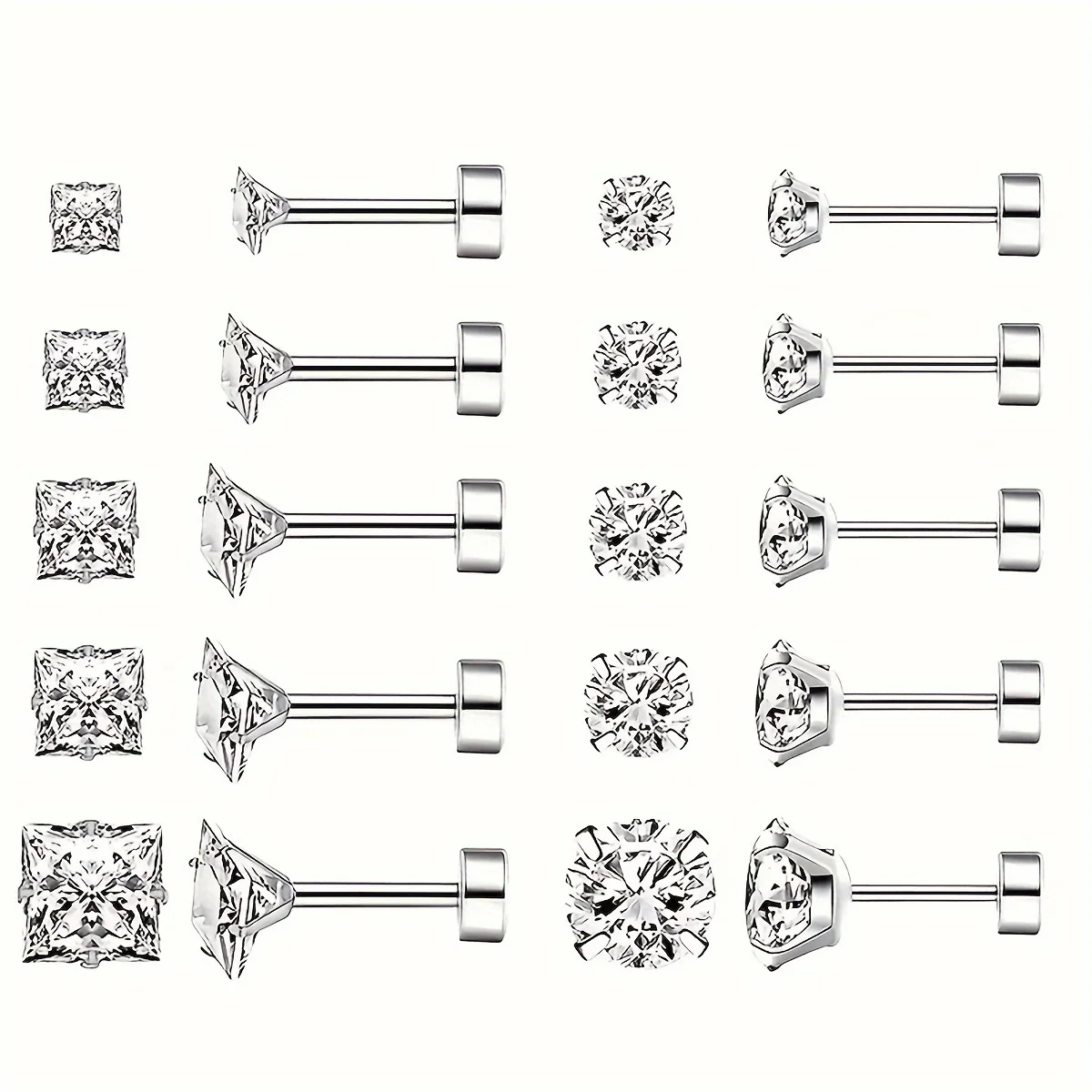 

10 Pairs Fashion Minimalist Style Hypoallergenic Stainless Steel White Cubic Zirconia Stud Earrings Set for Men Women Jewelry