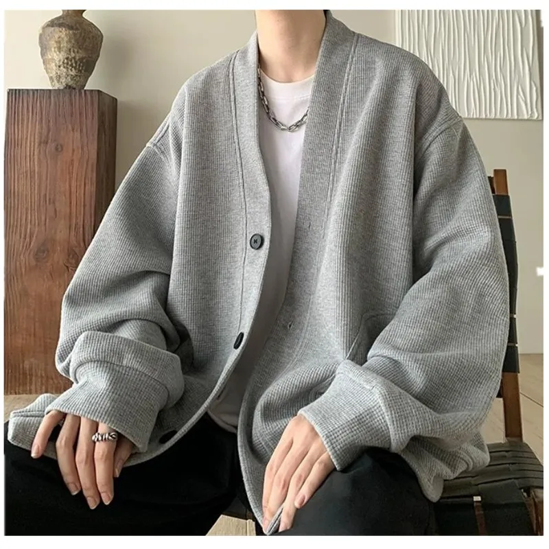 하이 엔드 남성 니트 스웨터 일본 게으른 스타일 봄 가을 재킷 두 개의 큰 주머니와 미국 복고풍 느슨한 캐주얼 코트