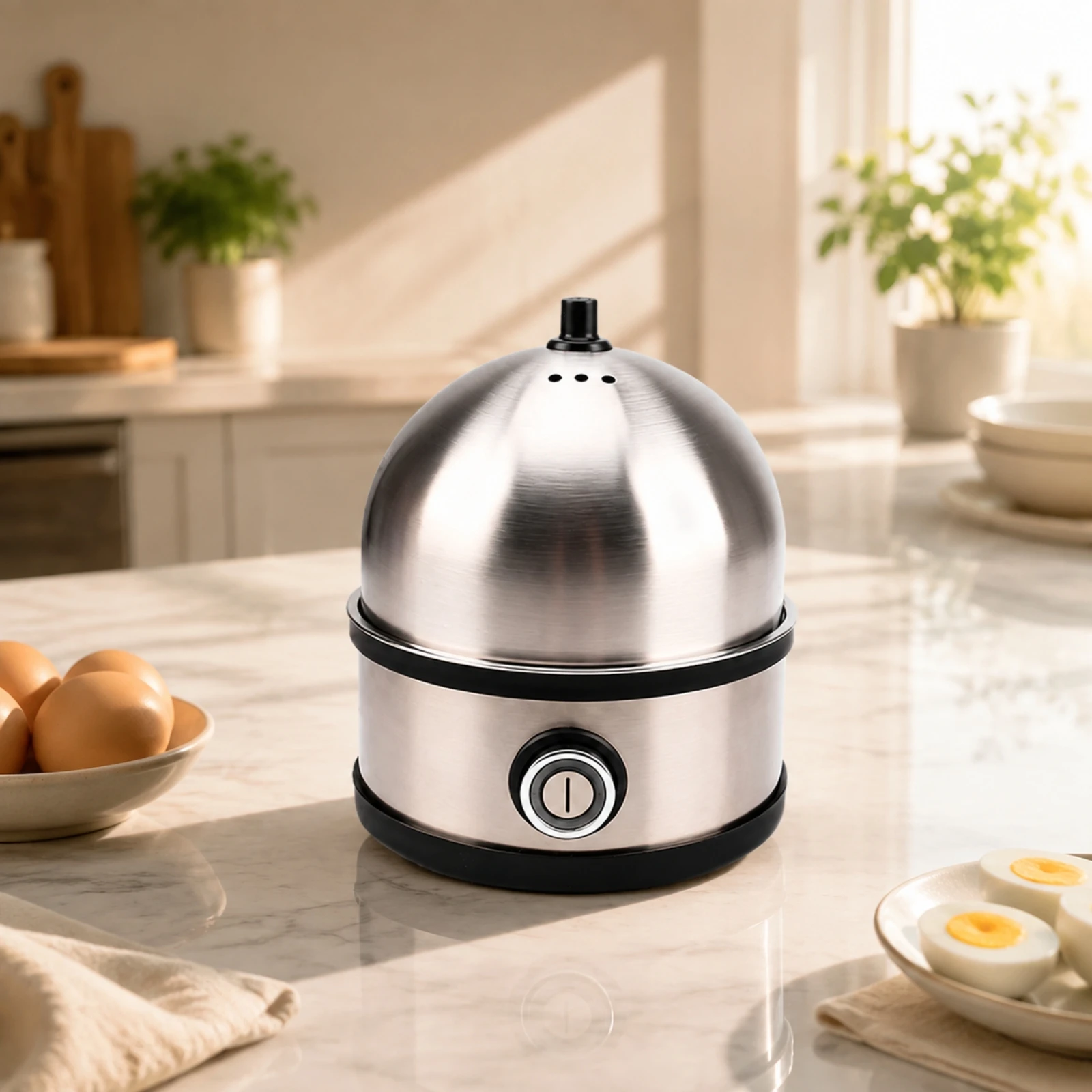 Food Steamer Dry-Boil Protection Compact Electric Egg Cooker Stainless Steel Egg Cooker with Steaming Tray One-Button Operation