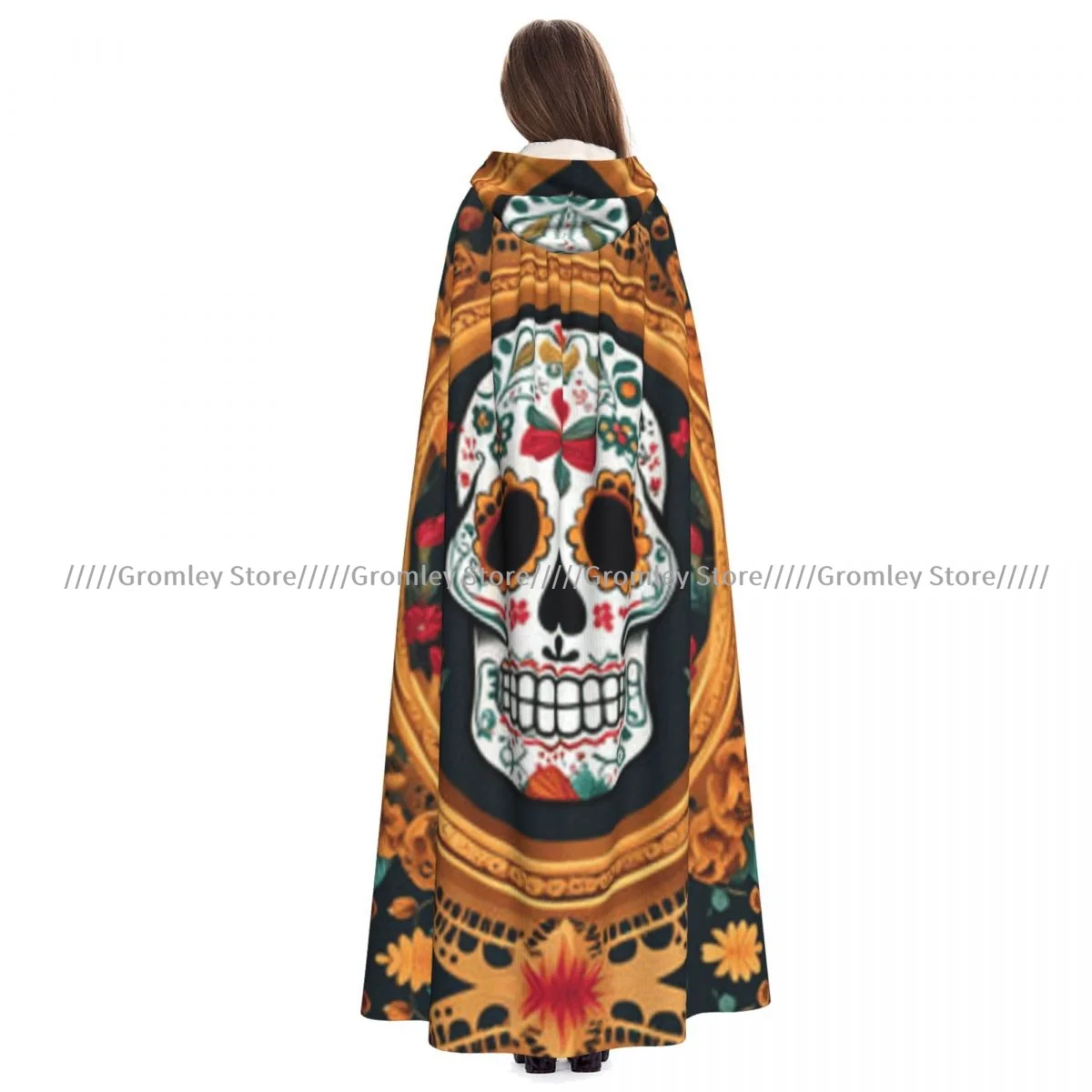 

Unisex Halloween Cloak Sugar Skull With Intricately Floral Cape Hooded Medieval Costume Witch Wicca Vampire