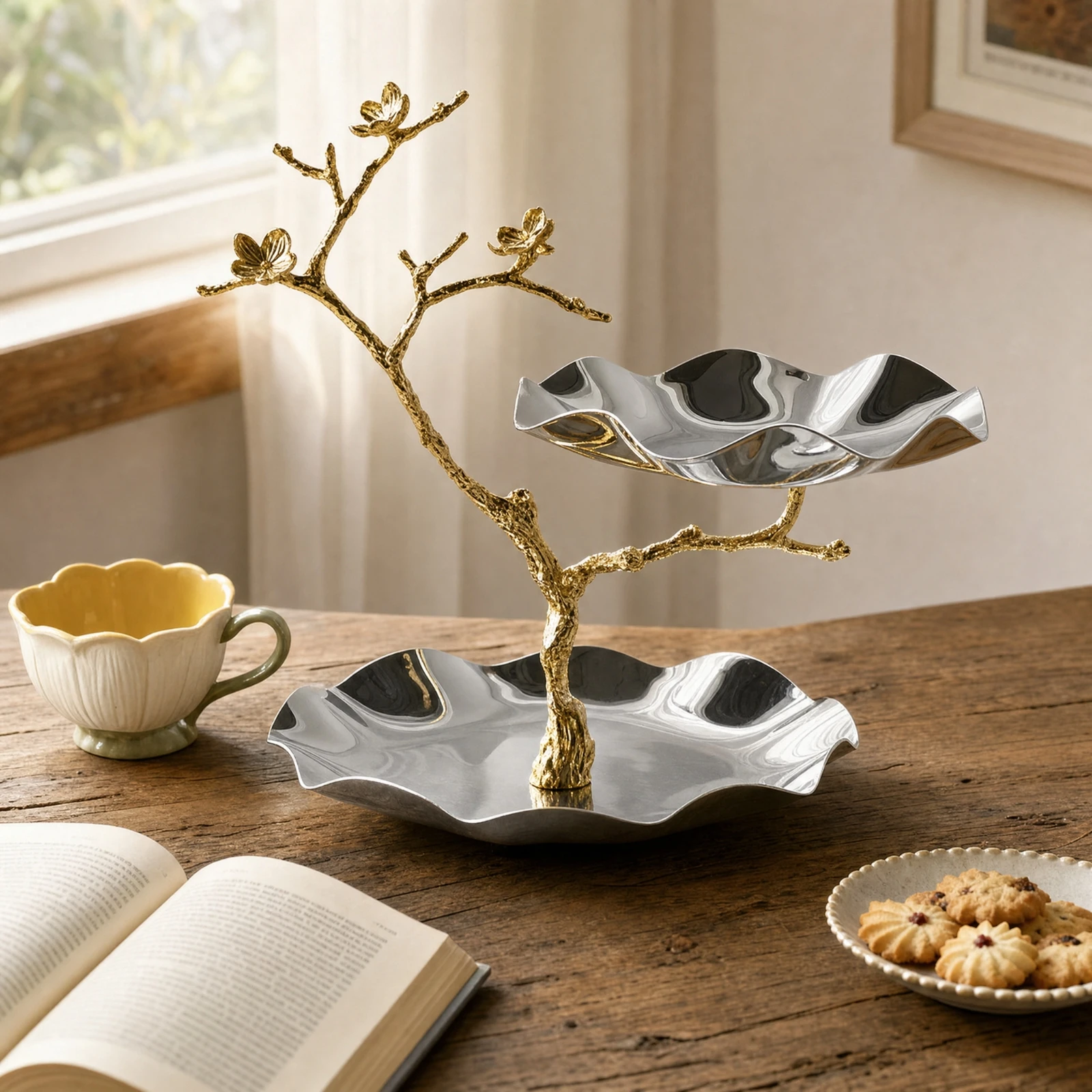 Serving Stand with Scalloped Bowls Silver-Colored Two-Tier Serving Platter Two-Tier Fruit Bowl Countertop Tray Stable for Hosts