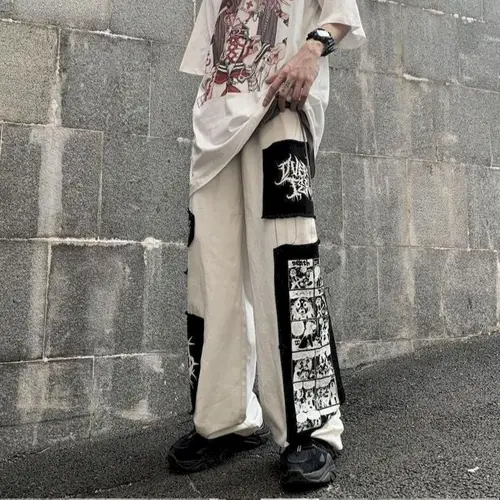 Imagen 2 del producto Monos de talla grande para hombre, pantalones informales de moda con Collage de dibujos animados, estilo primavera y otoño, pantalones de calle Harajuku Y2k para hombre
