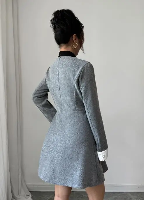 

Elegant Women's Dress In Spring and Autumn Fashionable Socialite Style Color Blocked Stand Up Collar Button Up Front Suit Dress