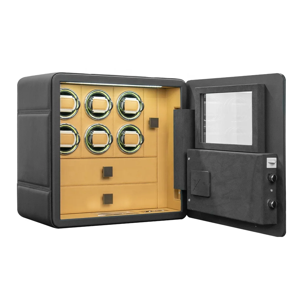 Luxury Leather 6 Slot Automatic Watch Winder Safe Box Steel Security Jewelry Storage Safe For Home Hotel