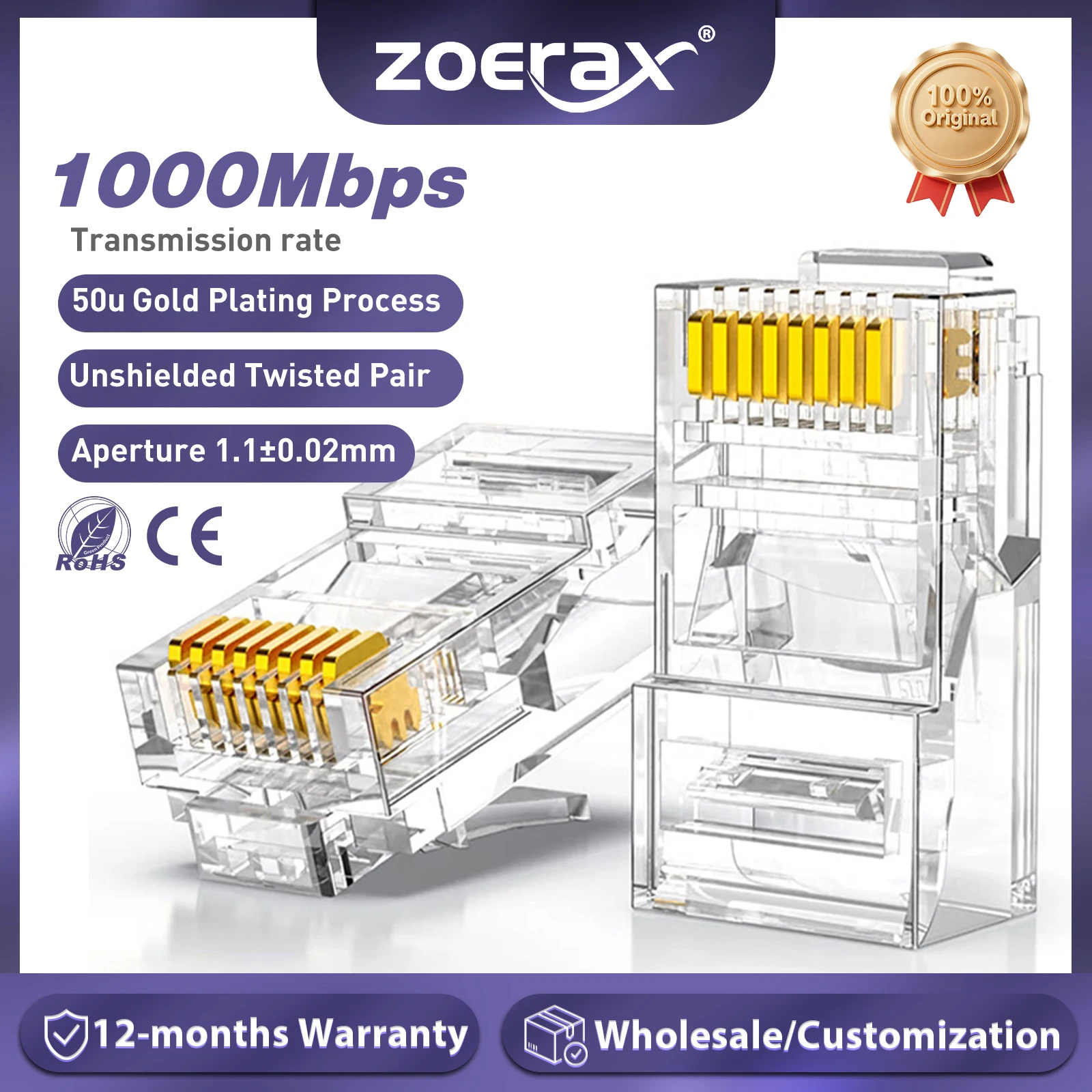 ZoeRax CAT5e CAT6 Connector RJ45 Modular Plug Network Connectors 50μ Gold-Plated 1.1mm Hole End for Ethernet Cable