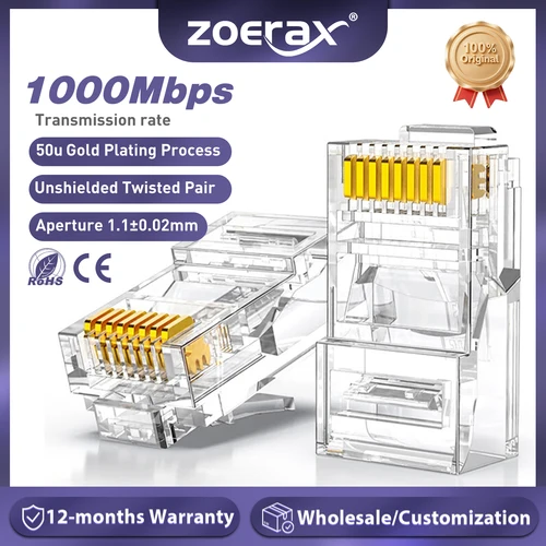 Imagen 1 del producto ZoeRax-conector Modular CAT5e CAT6 RJ45, conectores de red, 50 Ω, chapado en oro, extremo de agujero de 1,1mm para Cable Ethernet