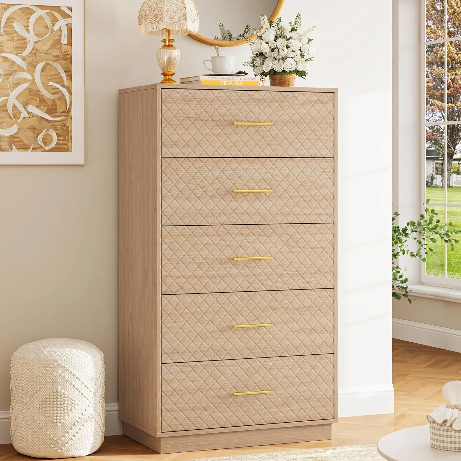 Tall Dresser with 5 Drawers, Modern Wooden Chest of Drawers with Diamond Panel, Anti-Tipping Device, Sturdy, Customized