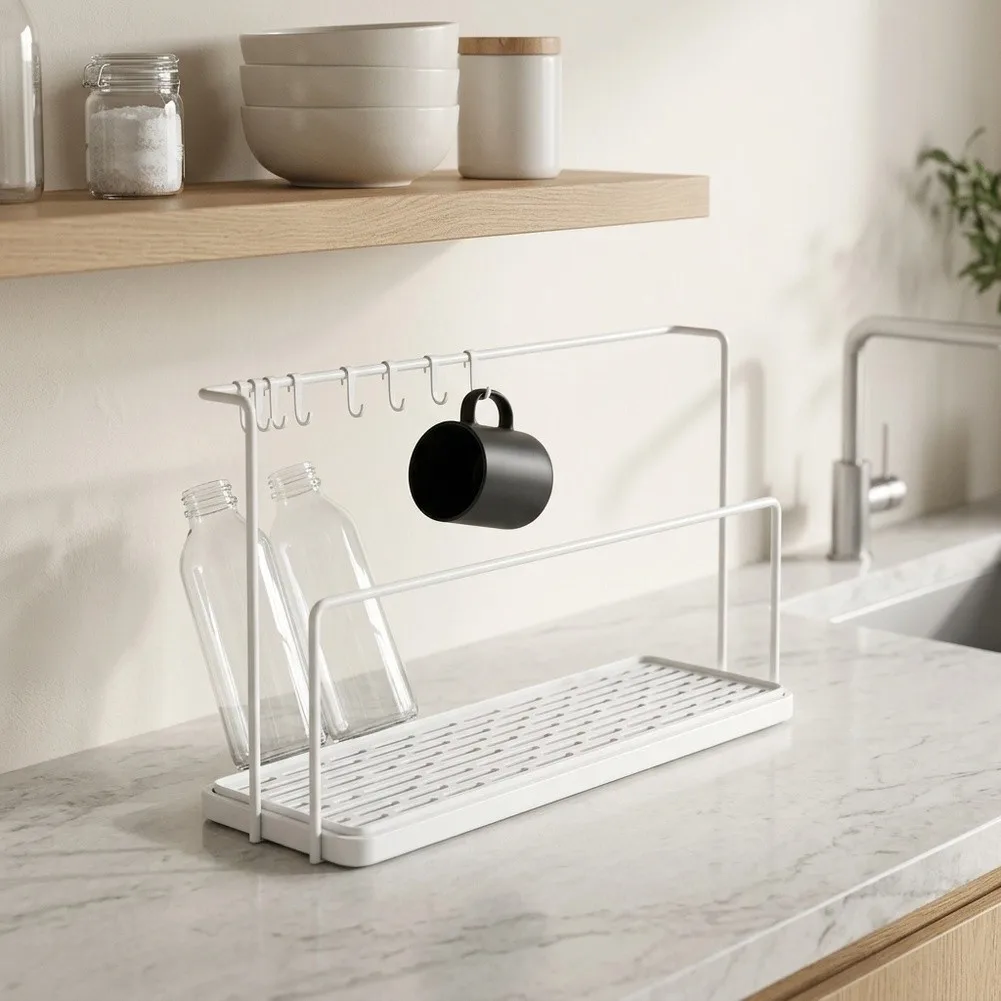 Countertop Kitchen Draining Rack Space-Saving Drying Rack With Drain Tray Kitchen Organizer With Hooks Efficient Drainage