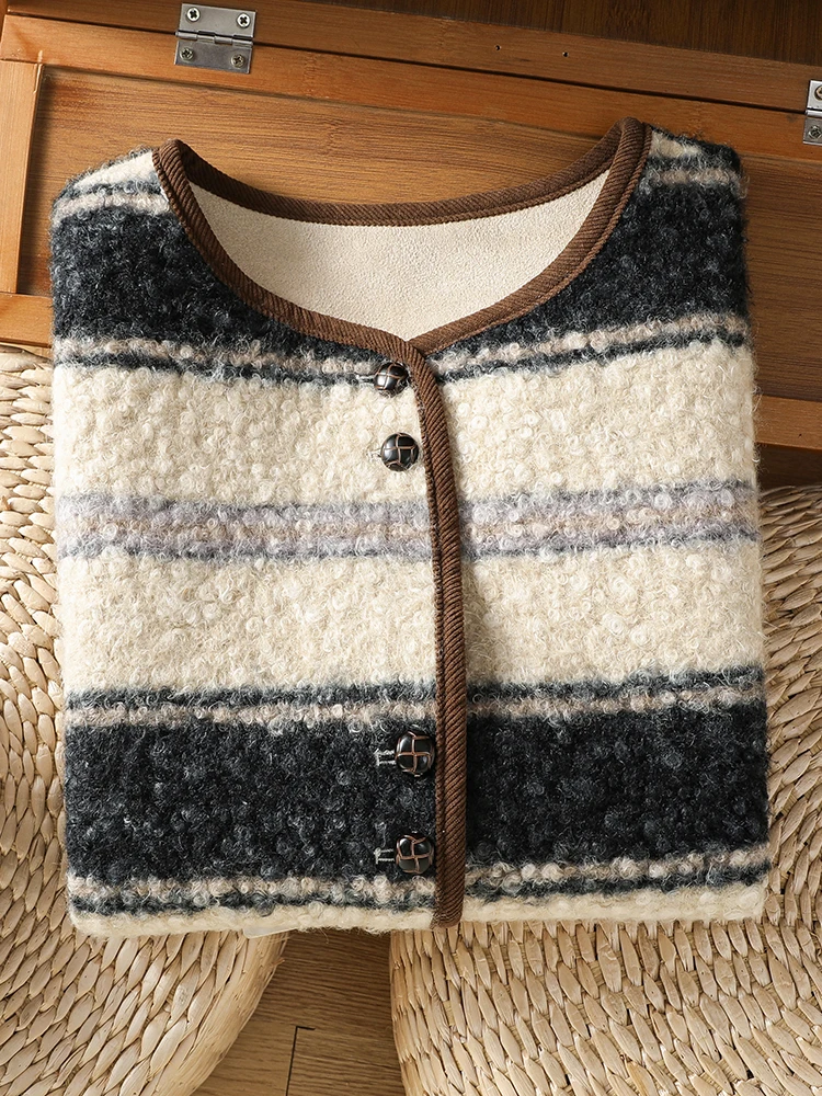 Retro Color Block Lamb Fur Vest Women's Autumn Layering round Neck Sleeveless Open Cardigan Top Fashion Versatile Girl's Style
