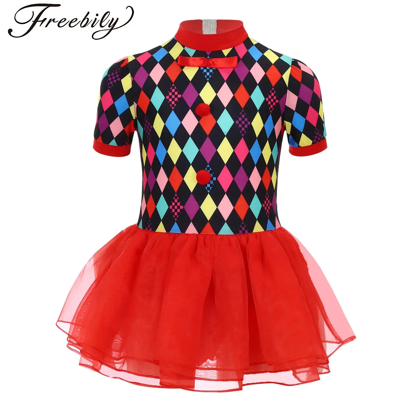 

Girls Circus Clown Cosplay Costume Mock Neck Short Sleeve Puffy Mesh Skirt Tutu Leotard Dress for Halloween Ringmaster Dress Up