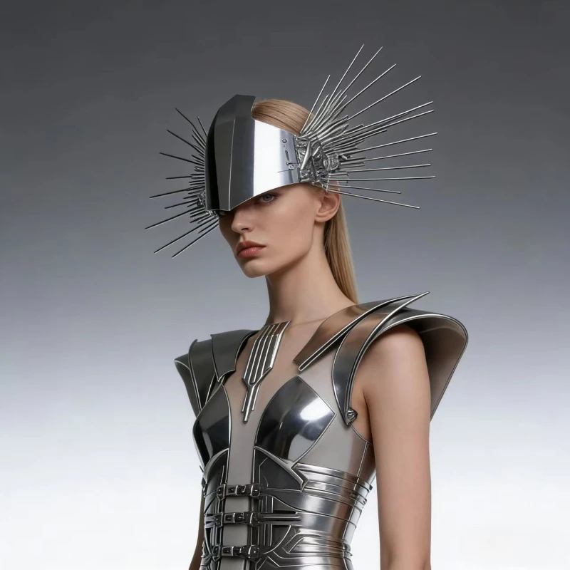 Sliver Mirror Customized Tech-Savvy Personality Headwear DJ Bar Stage Performance Party Nightclub Hat Halloween Cosplay Helmet