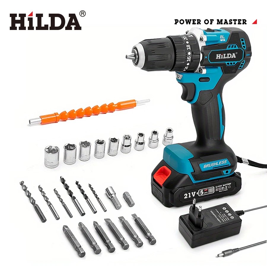 

HILDA 21V Multi Functional Electric Drill Cordless with 1 Battery and Charger Power Tools Screwdriver 23+1 Torque