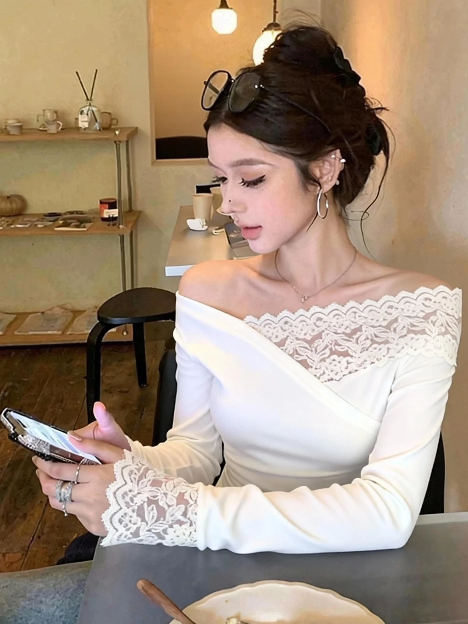

Elegant Long Sleeve Knitted Lace Patchwork Women's Top Fake Two-Piece Set Casual Chic Style Winter Fashion Nicole Rose Brand